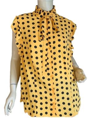 NEW YORK & COMPANY 7TH AVENUE DESIGN YELLOW & BLACK POLKA-DOT BLOUSE NWT (L)